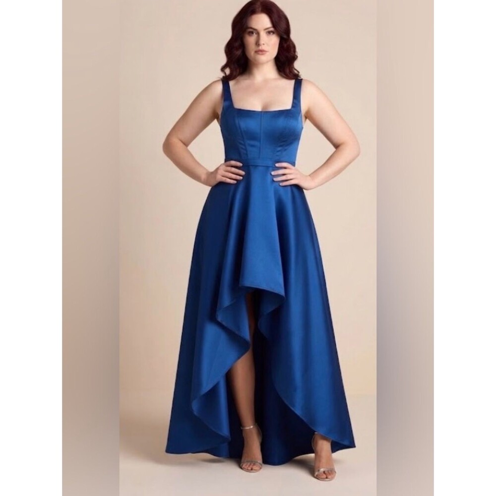 Lulus Wisola Taffeta Dress XL NTW Blue Corset High-Low Maxi Glam Cocktail Prom